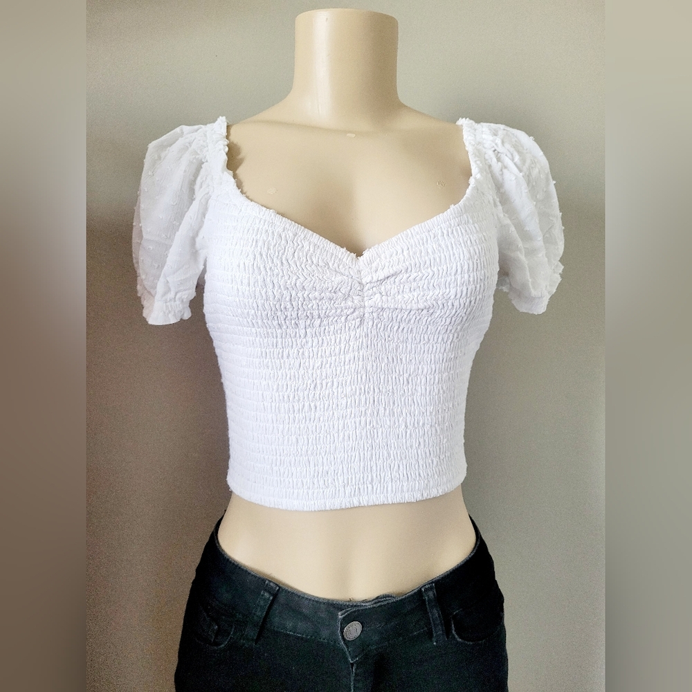 Hollister 100% Viscose Smocked Crop Top White Small/Medium